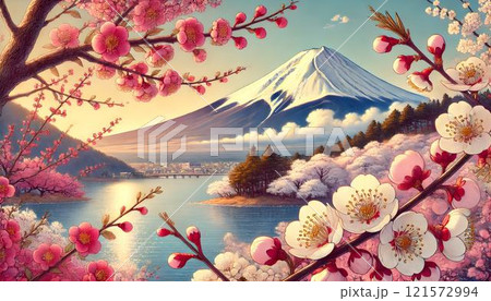 桜・梅林から覗く富士山 121572994