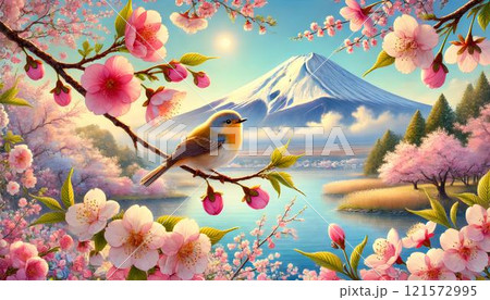 富士山がのぞく桜・梅林と鳥 121572995