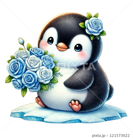 A cute penguin holding blue roses, symbolizing joy and friendship. Valentine's day cartoon character. 121573022