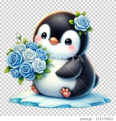 A cute penguin holding blue roses, symbolizing joy and friendship. Valentine's day cartoon character. 121573022