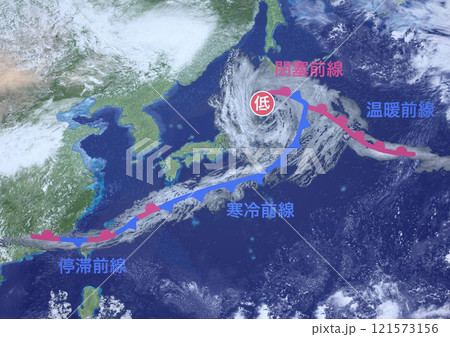 日本列島　寒冷前線　温暖前線　閉塞前線　停滞前線　記号と文字　架空の天気図(3DCGイメージ) 121573156