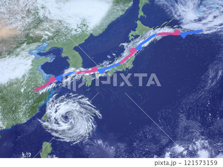 日本列島　秋雨前線と台風　架空の天気図と記号(3DCGイメージ) 121573159
