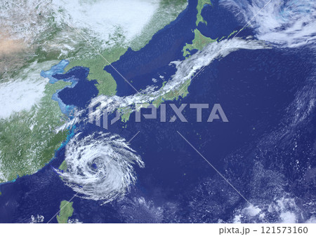 日本列島　秋雨前線と台風　架空の天気図(3DCGイメージ) 121573160