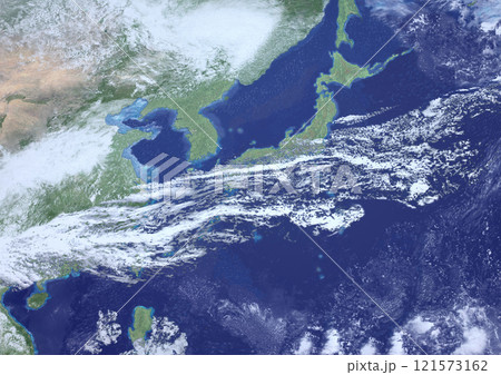 日本列島と梅雨前線　架空の天気図(3DCGイメージ) 121573162