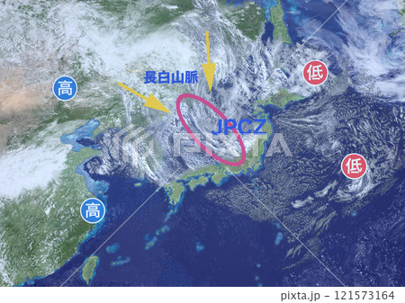 日本海寒帯気団収束帯(JPCZ) 架空の天気図と文字と記号(3DCGイメージ) 日本海寒帯気団収束帯(JPCZ) 架空の天気図と文字と記号(3DCGイメージ) 121573164