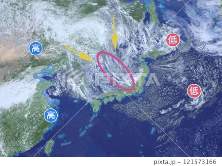 日本海寒帯気団収束帯(JPCZ) 架空の天気図と記号(3DCGイメージ) 日本海寒帯気団収束帯(JPCZ) 架空の天気図と記号(3DCGイメージ) 121573166