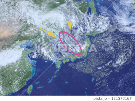 日本海寒帯気団収束帯(JPCZ) 架空の天気図と記号(3DCGイメージ) 日本海寒帯気団収束帯(JPCZ) 架空の天気図と記号(3DCGイメージ) 121573167