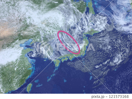 日本海寒帯気団収束帯(JPCZ)　架空の天気図と記号(3DCGイメージ) 121573168