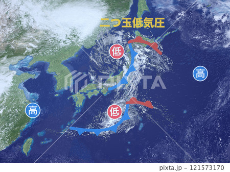 日本列島　二つ玉低気圧　架空の天気図と　記号と文字(3DCGイメージ) 121573170