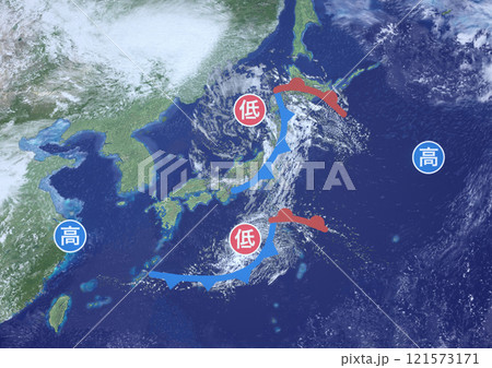日本列島　二つ玉低気圧　架空の天気図と記号(3DCGイメージ) 121573171