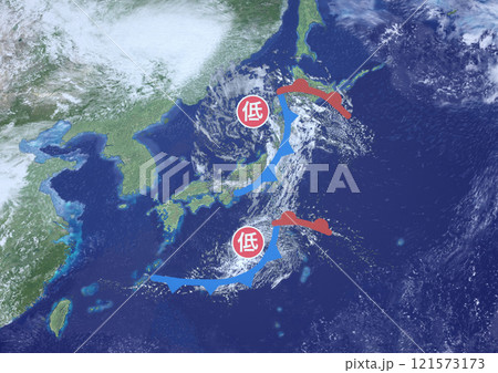 日本列島　二つ玉低気圧　架空の天気図と記号(3DCGイメージ) 121573173