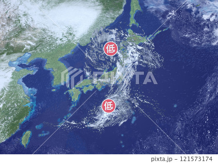 日本列島　二つ玉低気圧　架空の天気図と記号(3DCGイメージ) 121573174