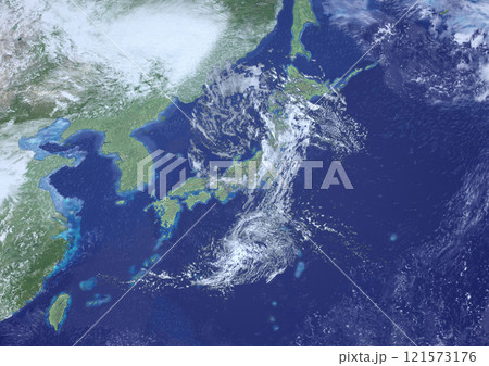 日本列島 二つ玉低気圧 架空の天気図(3DCGイメージ) 日本列島 二つ玉低気圧 架空の天気図(3DCGイメージ) 121573176