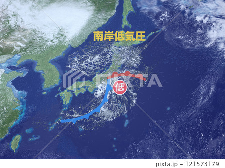 日本列島　南岸低気圧　架空の天気図と　記号と文字(3DCGイメージ) 121573179