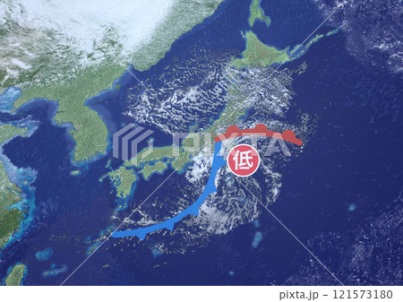 日本列島　南岸低気圧　架空の天気図と記号(3DCGイメージ) 121573180