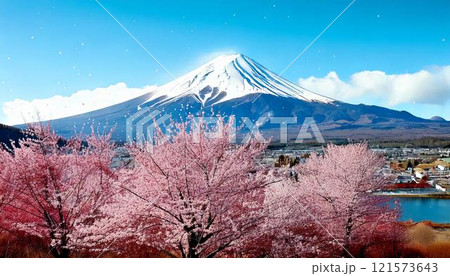雪を被った富士山と桜と川の風景のイラスト 121573643