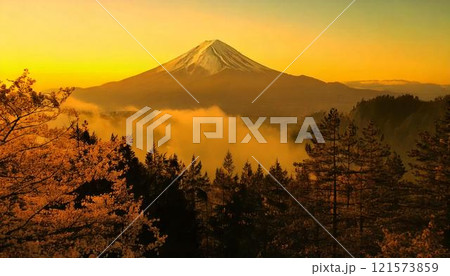 マジックアワーの富士山と霧の立ち込める桜風景 121573859
