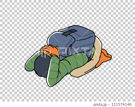 Lying face down and covering the back of the head with hands to protect it 121574140