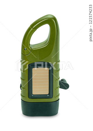 Vertical view of mini solar cranking LED flashlight. 121574233