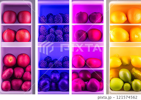Fresh fruits and vegetables displayed in a modern, minimalist fridge with a futuristic design 121574562