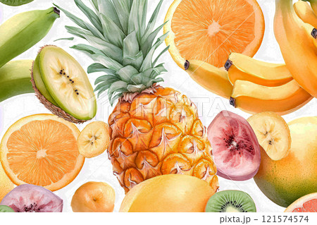 Vibrant and bold tropical fruits such as pineapples, bananas and mangoes create a seamless pattern 121574574