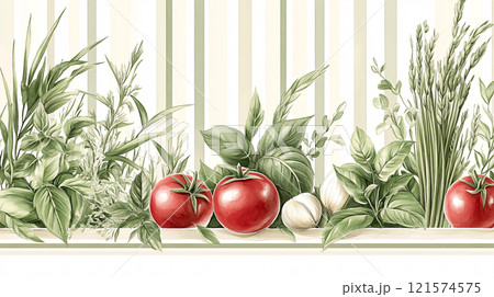 A watercolor-inspired seamless pattern featuring pasta, tomatoes and basil leaves on a warm beige 121574575