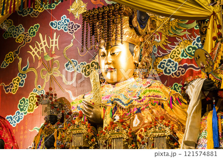 The main hall of the Great Mazu Temple in Tainan, Taiwan, enshrined statues of Mazu. the Mazu is a deified form of the medieval Fujianese shamaness Lin Moniang. The main hall of the Great Mazu Temple in Tainan, Taiwan, enshrined statues of Mazu. the Mazu is a deified form of the medieval Fujianese shamaness Lin Moniang. 121574881