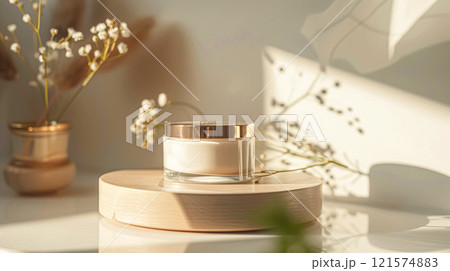 Cosmetic cream in a glass jar. Skin care concept. Background for beauty products 121574883