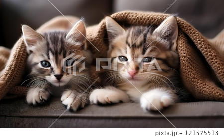 愛らしい子猫たちがソファで寄り添う心温まる瞬間 愛らしい子猫たちがソファで寄り添う心温まる瞬間 121575513
