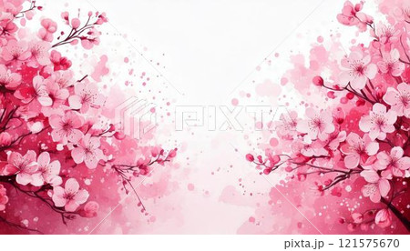 淡い白色ぼかし背景に花びらが舞い散る美しい桜の花のフレーム 水彩画風イラスト 淡い白色ぼかし背景に花びらが舞い散る美しい桜の花のフレーム 水彩画風イラスト 121575670