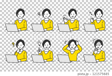 A set of middle-aged women with various expressions and poses while looking at a computer [People vector illustration material] 121575685