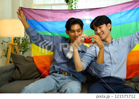 Cheerful young men couple holding a red heart and sitting under rainbow pride flag. Cheerful young men couple holding a red heart and sitting under rainbow pride flag. 121575712