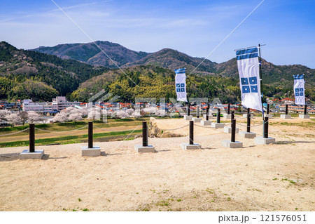 〈島根県〉月山富田城 太鼓壇公園 満開の桜と旗印 4月 〈島根県〉月山富田城 太鼓壇公園 満開の桜と旗印 4月 121576051