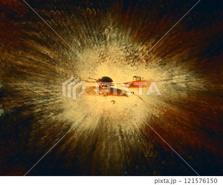 目映い黄金色の爆発背景から隕石のような赤い水滴が接近してくる宇宙アニメ的抽象創作テクスチャー 121576150