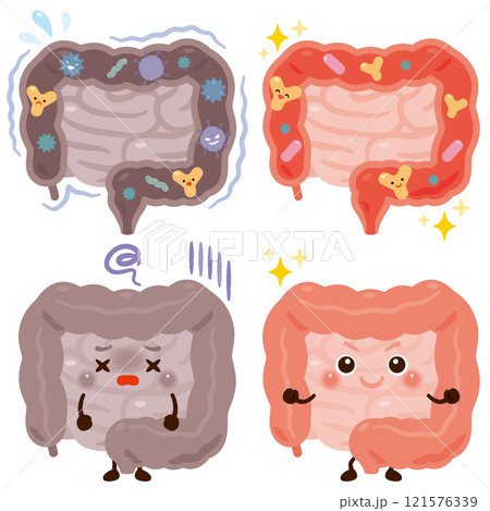 悪玉菌が多い腸のキャラクターと善玉菌が多い腸のキャラクター 121576339