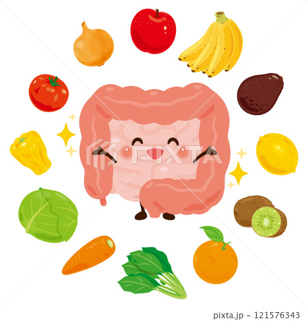 野菜や果物に囲まれて笑顔の腸のキャラクターイラスト 121576343