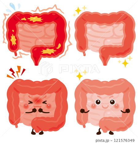 動きが過剰になっている腸のキャラクターと元気な腸のキャラクター 121576349