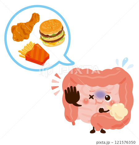 脂っこい食べ物を拒絶する腸のキャラクターイラスト 121576350