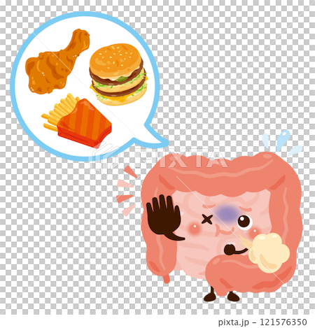 脂っこい食べ物を拒絶する腸のキャラクターイラスト 121576350