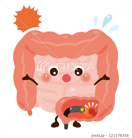 大腸カメラの検査を受ける腸のキャラクターイラスト 121576358