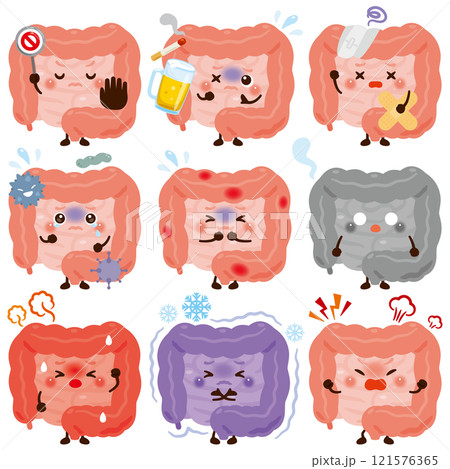 様々な状態の腸のキャラクター 121576365