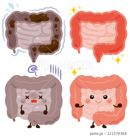 動きが鈍くなっている腸のキャラクターと元気な腸のキャラクター 動きが鈍くなっている腸のキャラクターと元気な腸のキャラクター 121576368