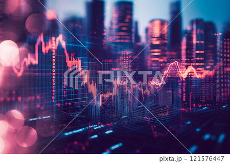 都市の背景に映し出されたデジタル金融グラフ 121576447