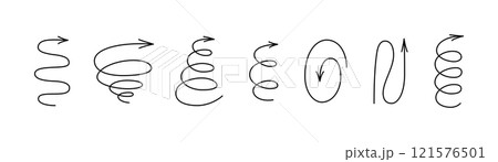 Spiral hand drawn arrows set. Curly line doodle black arrows. Funny design infographic elements. Spiral spring and zig zag pointer. Vector illustrations isolated on white background 121576501