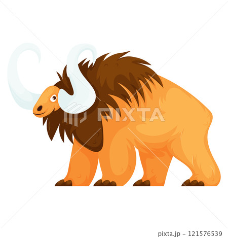 Colorful cartoon illustration of a woolly mammoth with large curved tusks and shaggy fur, set against a white background. 121576539