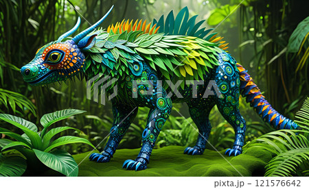 大きな木の上にいる大きな鳥の羽の模様 121576642