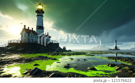 夏の海に浮かぶ白い灯台 夏の海に浮かぶ白い灯台 121576822