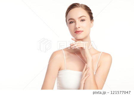Beautiful young woman with clean fresh skin on white background, Face care, Facial treatment, Cosmetology, beauty and spa, women portrait. 121577047