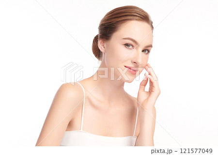 Beautiful young woman with clean fresh skin on white background, Face care, Facial treatment, Cosmetology, beauty and spa, women portrait. 121577049