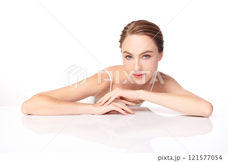 Beautiful young woman with clean fresh skin on white background, Face care, Facial treatment, Cosmetology, beauty and spa, women portrait. Beautiful young woman with clean fresh skin on white background, Face care, Facial treatment, Cosmetology, beauty and spa, women portrait. 121577054